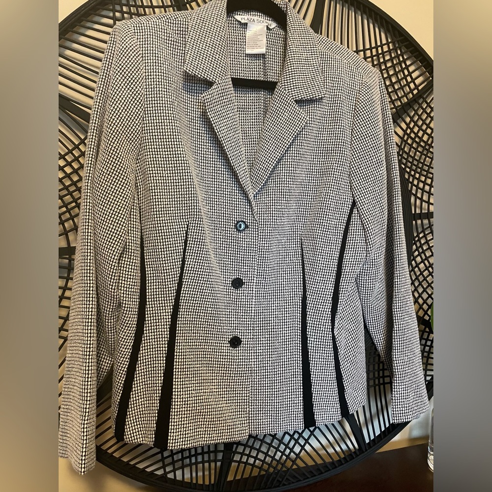 Plaza South Blazer Size 14 Houndstooth Print Removable Shoulder Pads Vintage